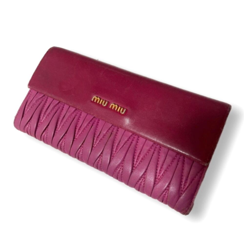 Miu Miu Matelasse Wallet Raspberry Pink Leather Foldover Flap Clutch Y2K GUC